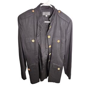 Emblem Black Military Safari Jacket Mandarin Collar Wood Buttons Womens 12